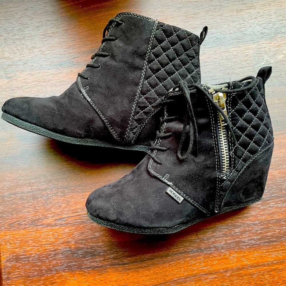 BONGO, black suede, wedge booties with zipper.